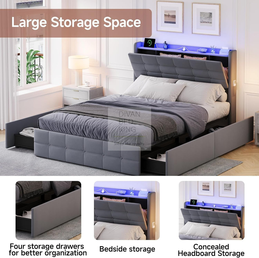 Vicente 4 Drawer Soft Grey Velvet Bed with LED Lights, Type C and USB Charging Adjustable Headboard Shelf