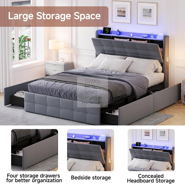 Vicente 4 Drawer Soft Grey Velvet Bed with LED Lights, Type C and USB Charging Adjustable Headboard Shelf