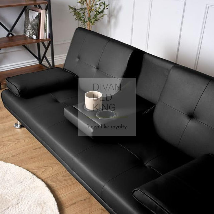 Cadence Black Leather 2 Seater Sofa Bed with Cup Holders and Matching Pillows