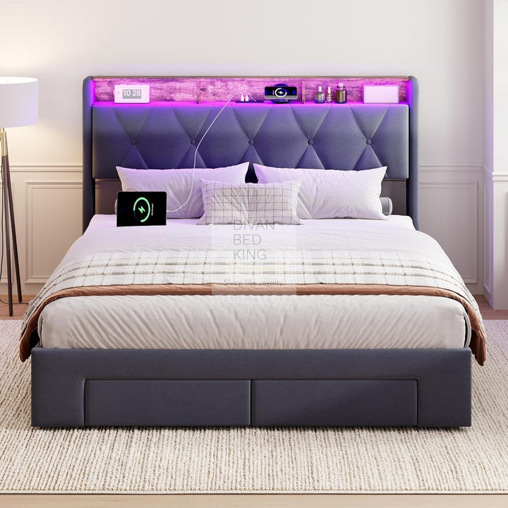 Velasquez Grey Plush Velvet Ottoman Storage Smart Bed with Type C, USB & Socket Charging Headboard Storage Shelves