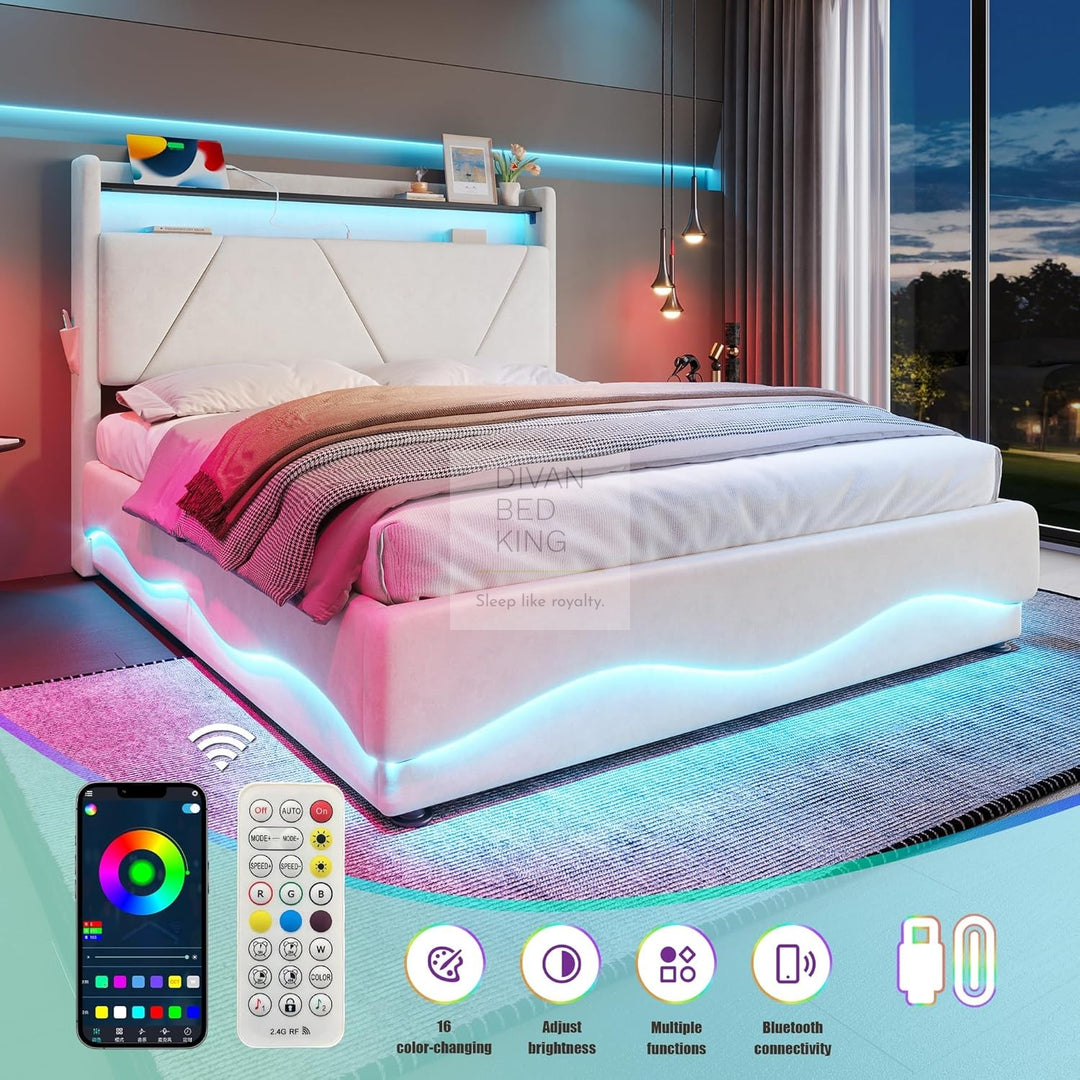 Aviana Wave LED Beige Velvet Ottoman Storage Bed Frame with USB Type C Charging Station on Headboard Storage Shelf
