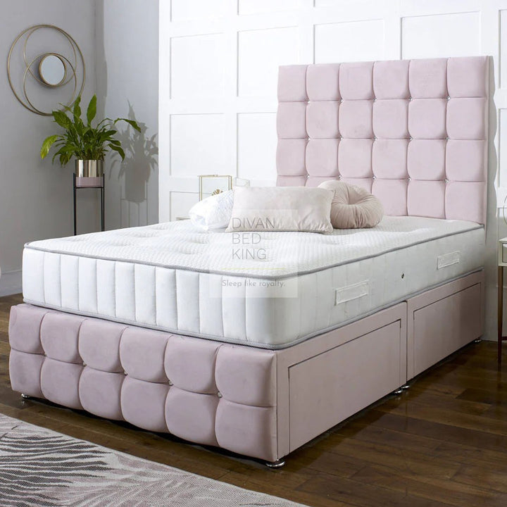 Aeiress Pink Cube Designer Divan Bed With Luxury Headboard and Footboard
