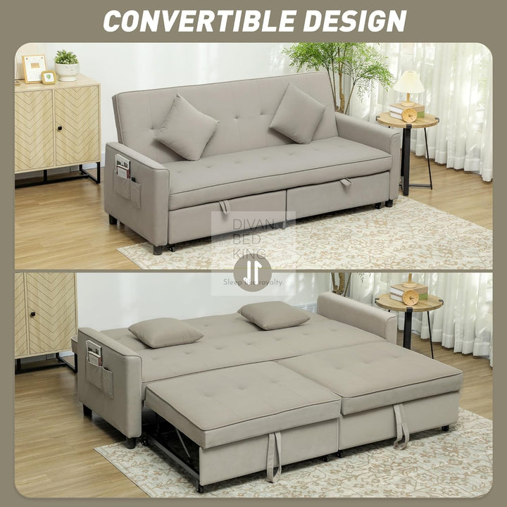 Ramiro Biege Brushed Cotton 3-in-1 Sofa Bed 3 Seater with Storage