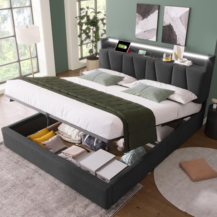 Kyoto Charcoal Linen Ottoman Bed with LED Lights, Power Outlets, Type C and USB Charging Headboard Storage Shelf