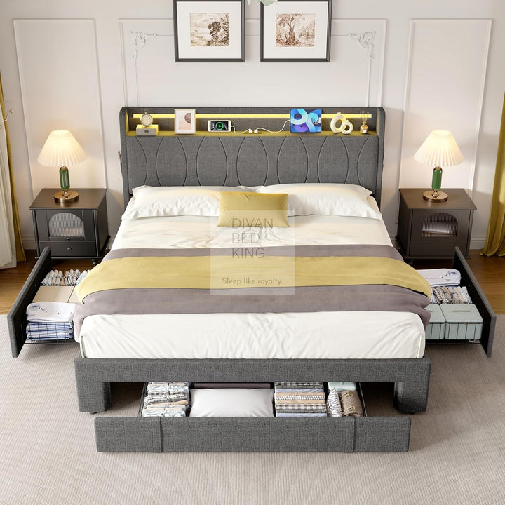 Emilio Wingback Grey Linen Smart Bed with 3 Drawer Storage, LED Lights, Charging Station USB, Type C on Headboard Storage Shelf