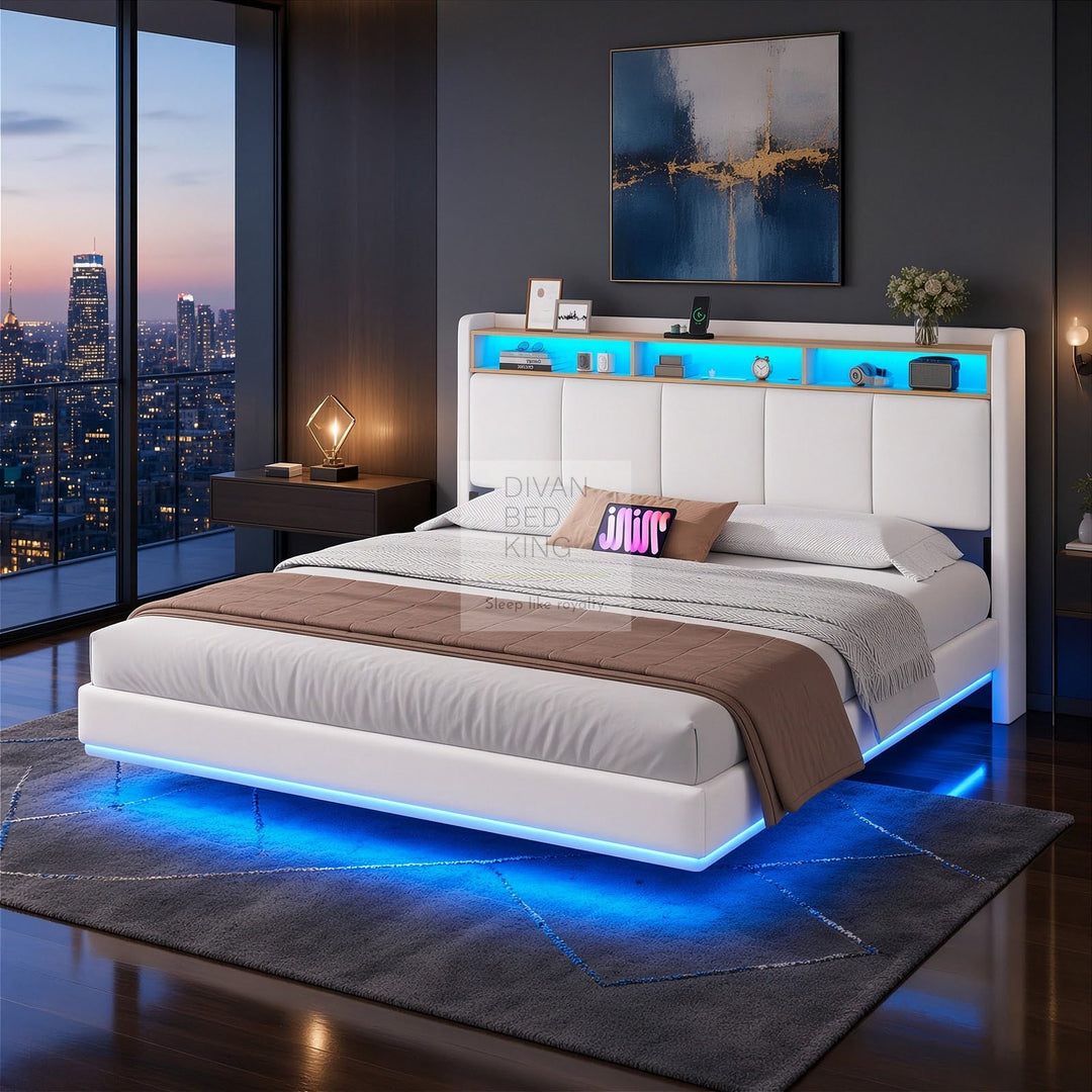 Houston Smart Metal Floating Bed with White Linen Padded Storage Headboard, LED Lights, Plug Sockets, USB & Type C Charging Station
