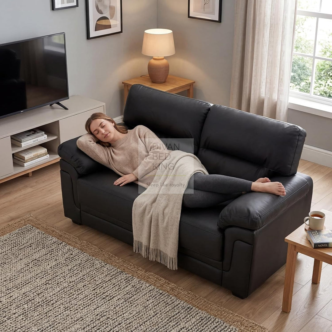 Delgado Luxury Black Leather Sofa Couch Settee with Pocket Spring & Reflex Foam Support