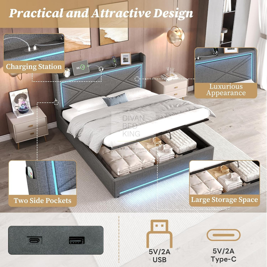 Montecelio Charcoal Grey Linen Ottoman Storage Bed with LED Lights, Type C and USB Charging Headboard Storage Shelf