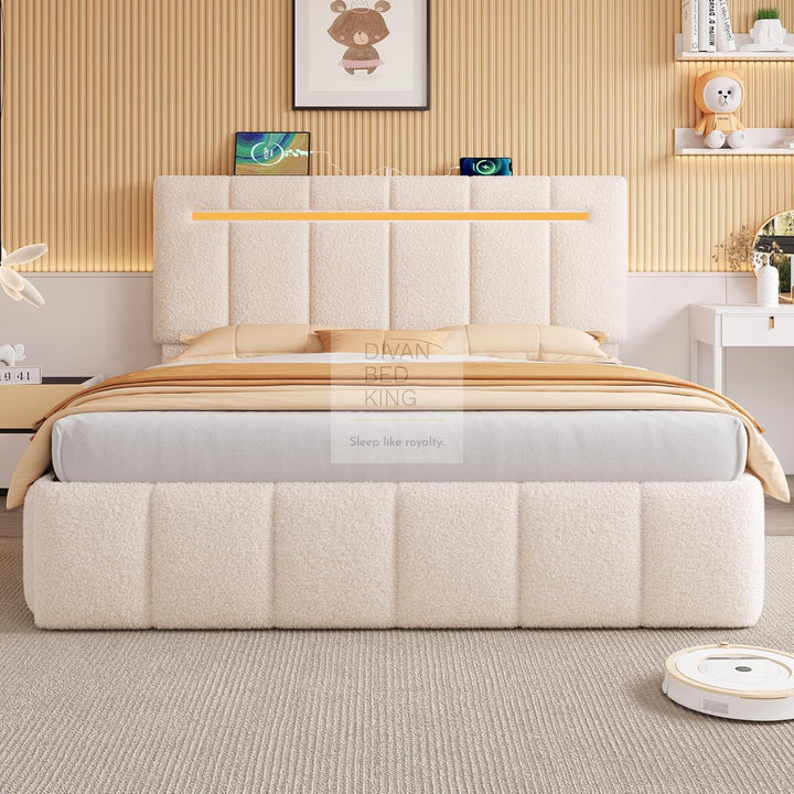 Lanusei Cream Beige Soft Boucle Ottoman Storage Smart Bed with LED Lights, Type C and USB Charging Headboard Shelf
