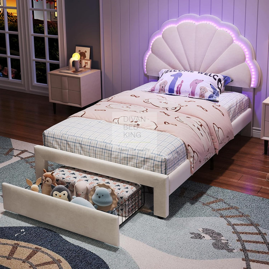 Blossom Kids Beige Off White Velvet LED Bed with End Drawer Storage