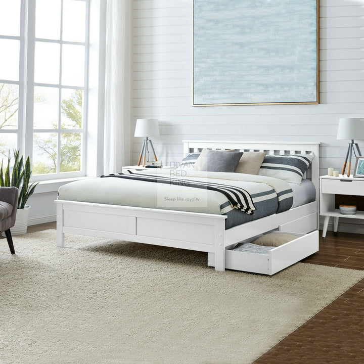 Halvard White Wooden Bed with Drawers