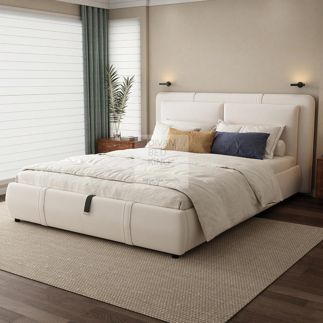 Oppia Nuova Beige Brushed Cotton Ottoman Storage Bed with Large Padded Removeable Headrests