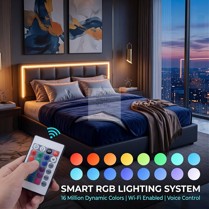 Hiley LED Black Leather Ottoman Gas Lift Storage Bed Frame