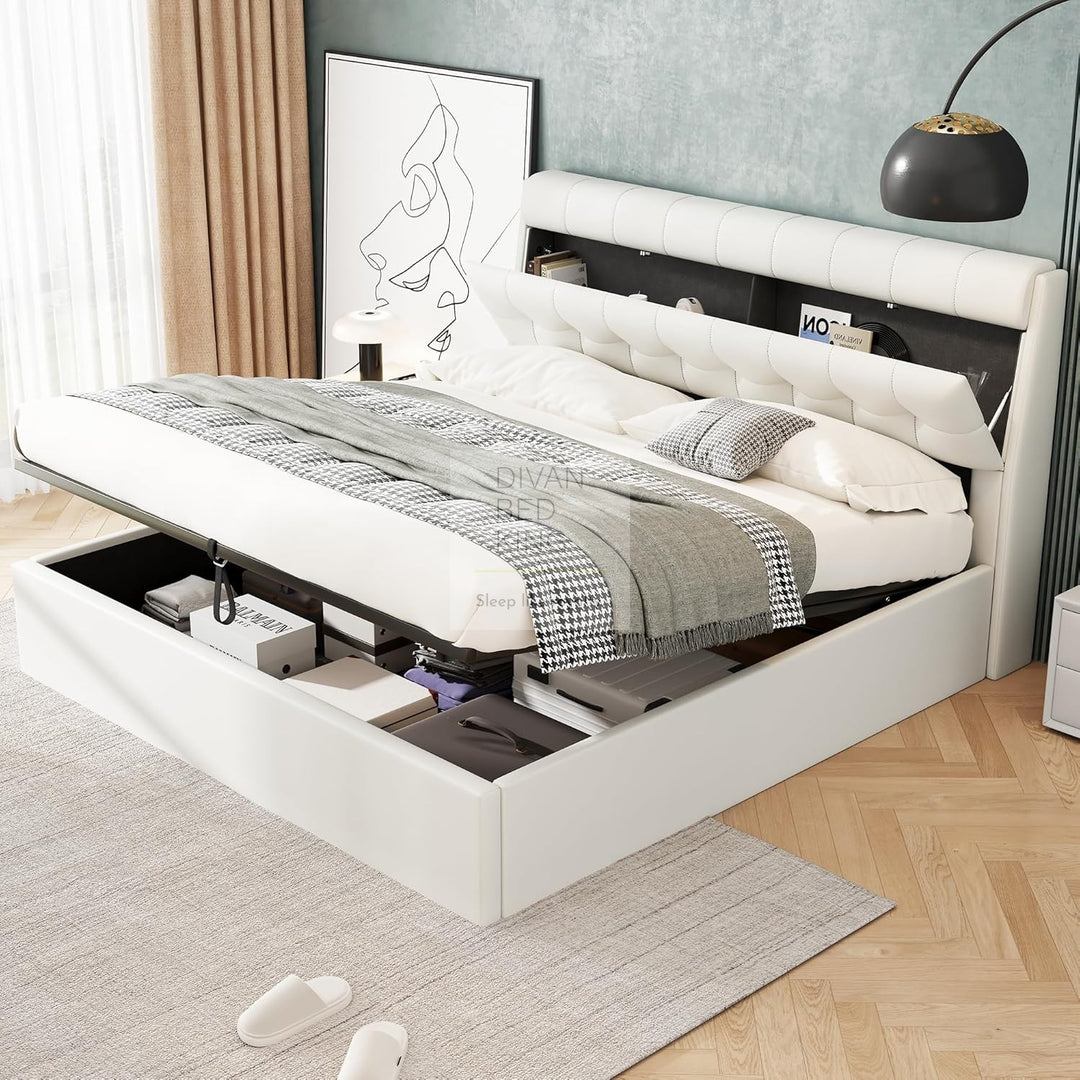 Carmine White Leather Ottoman Storage Bed with Headboard Storage