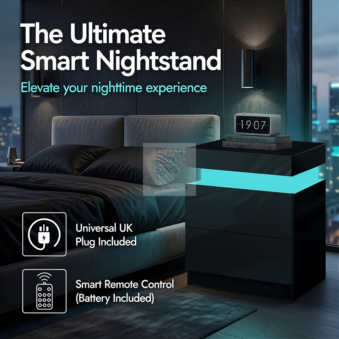 Schneider 2 Drawer Black High Gloss Smart LED Bedside Table