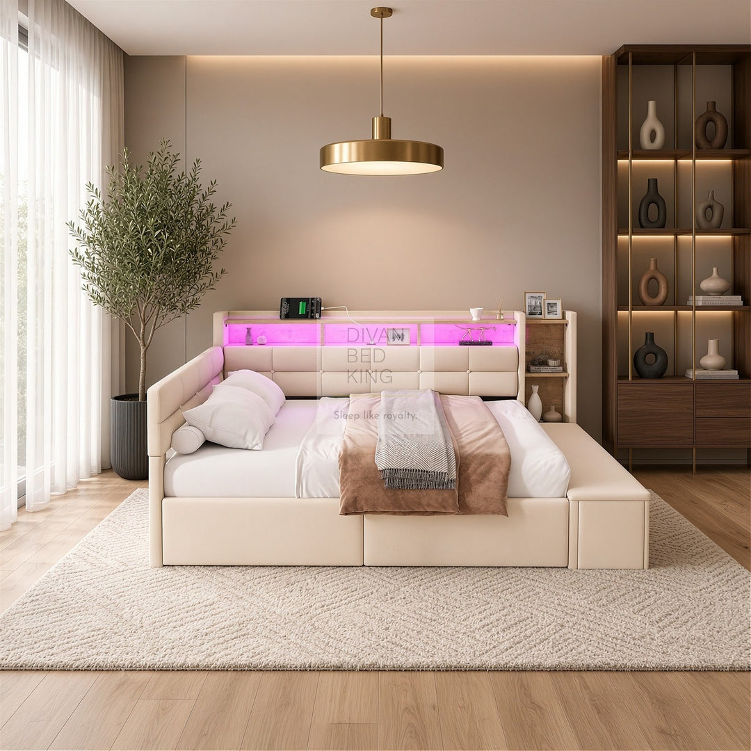 Avayah Beige Linen Smart Daybed Sofa Bed with 2 Drawers, LED Shelves Storage, USB & Type C Charging Station & Storage Box