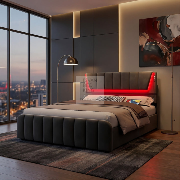Kamari Ottoman Storage Grey Plush Velvet Smart Bed with with LED Lights, USB and Type-C Charging