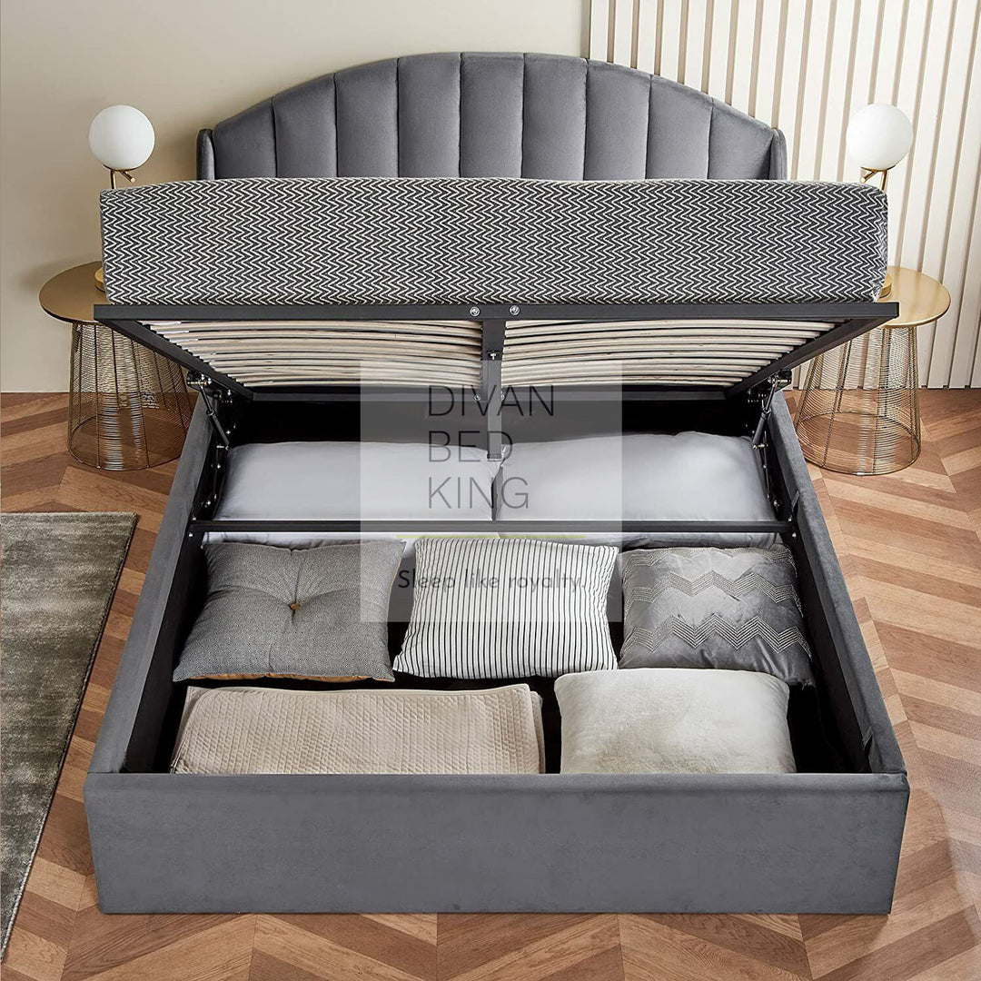 Holden Soft Grey Velvet Ottoman Storage Winged Bed Frame