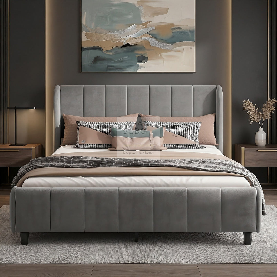 Benicio Grey Velvet Luxury Wingback Curved Upholstered Bed Frame