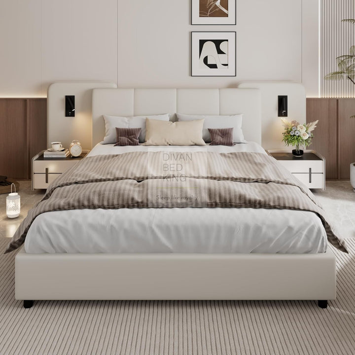 Monteleone Oversized Headboard White Leather Bed Frame with Integrated Lighting & USB Charging