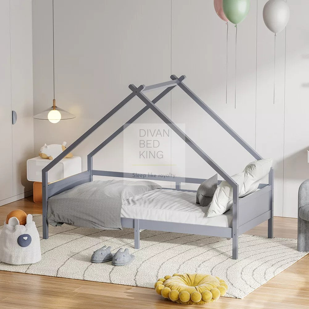 Contessa Grey Treehouse 3ft Single Bed Wooden with Canopy Kids Sleeper Pine House Low Childs