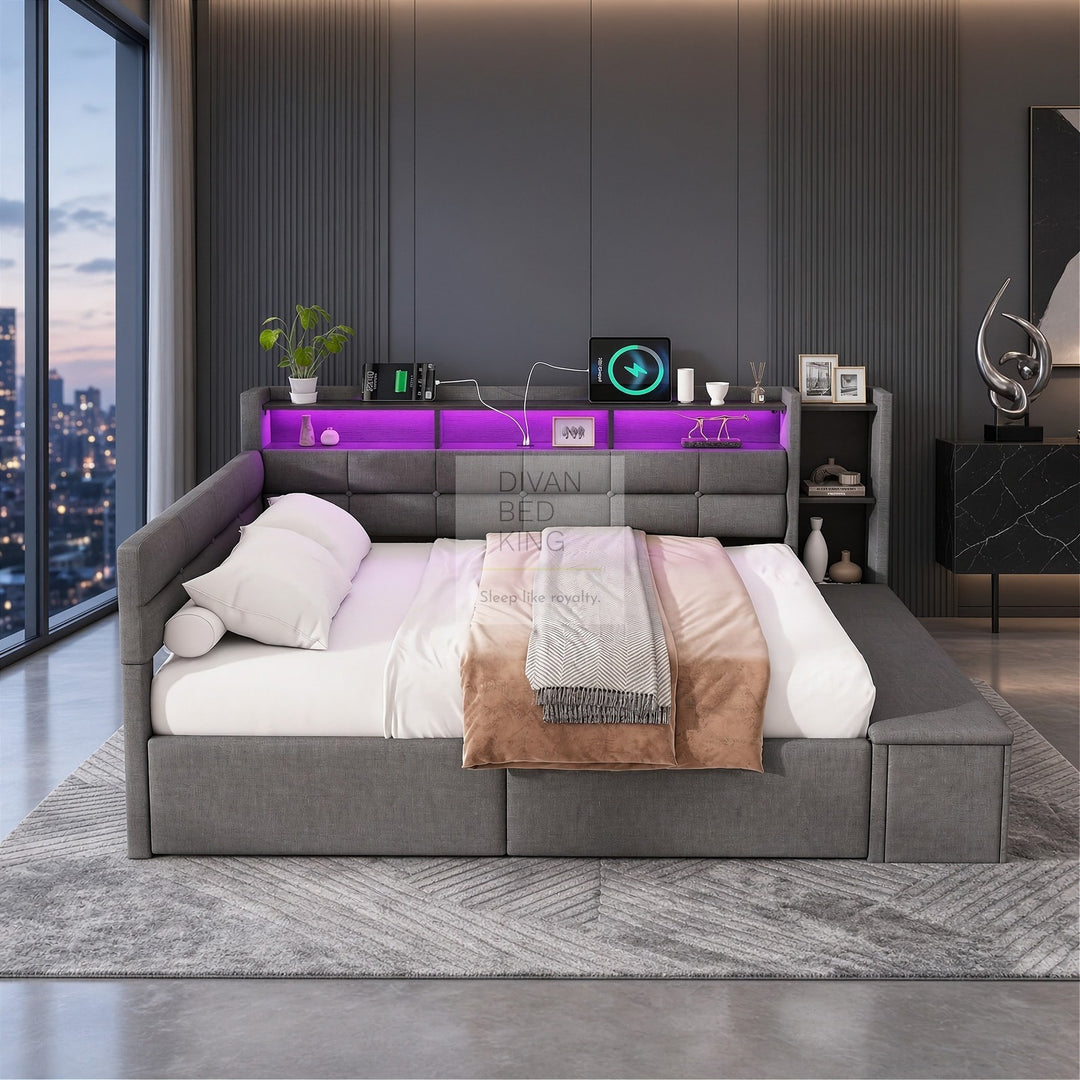 Avayah Grey Linen Smart Daybed Sofa Bed with 2 Drawers, LED Shelves Storage, USB & Type C Charging Station & Storage Box