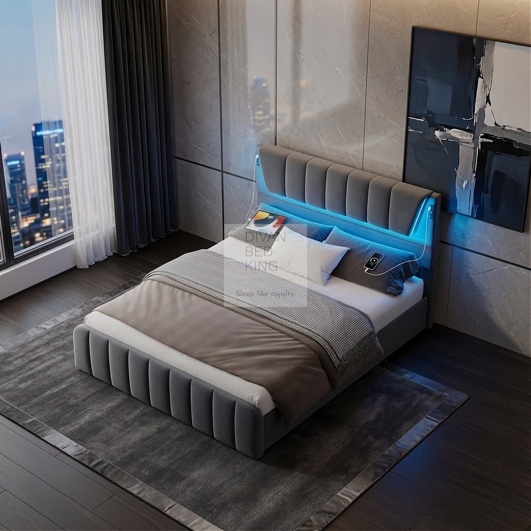 Kamari 4 Drawer Storage Grey Plush Velvet Smart Bed with with LED Lights, USB and Type-C Charging