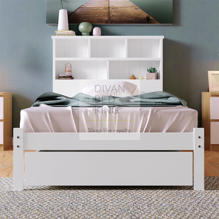 Nelu White Storage Wooden Bed Frame with Shelves and Drawer