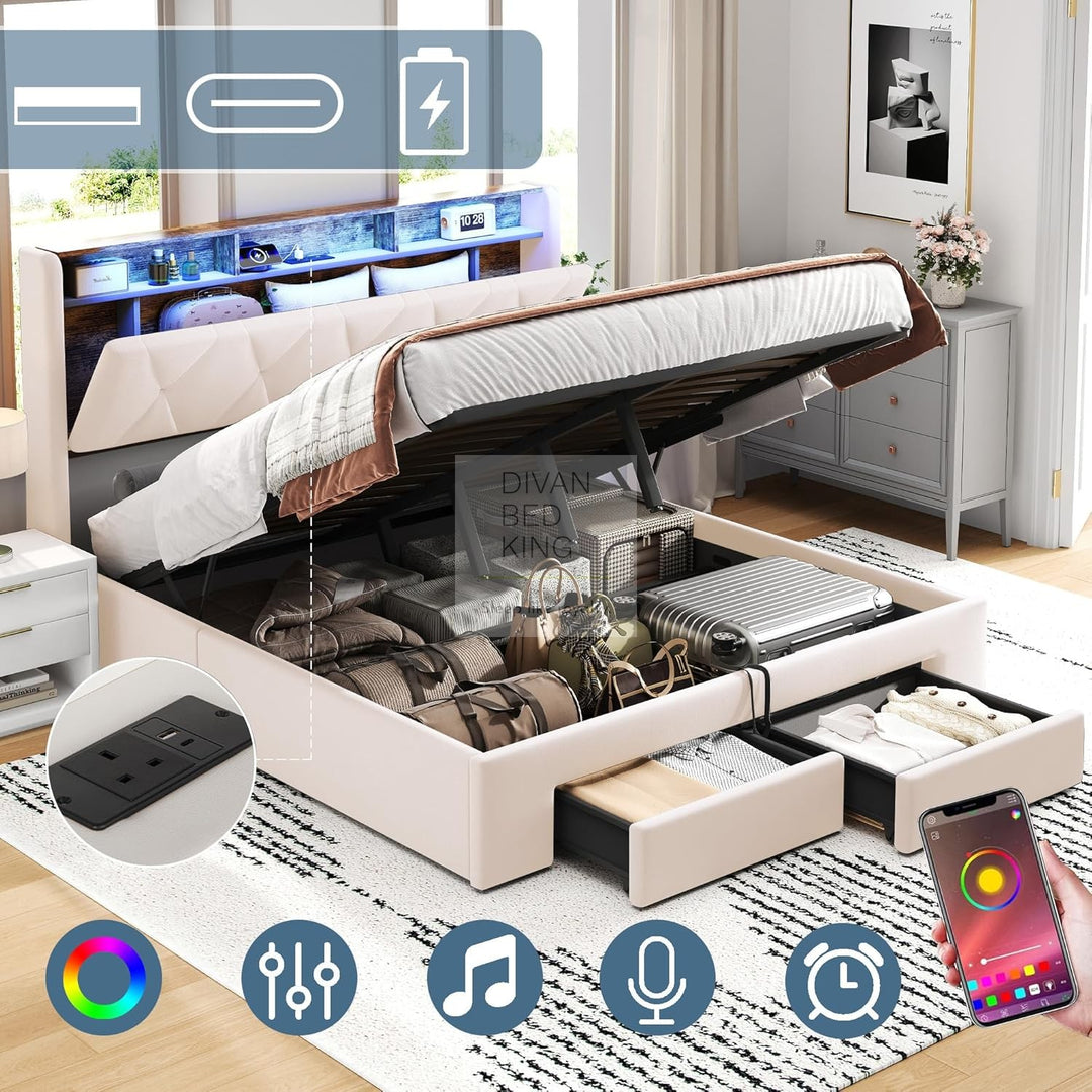 Velasquez Beige Plush Velvet Ottoman Storage Smart Bed with Type C, USB & Socket Charging Headboard Storage Shelves