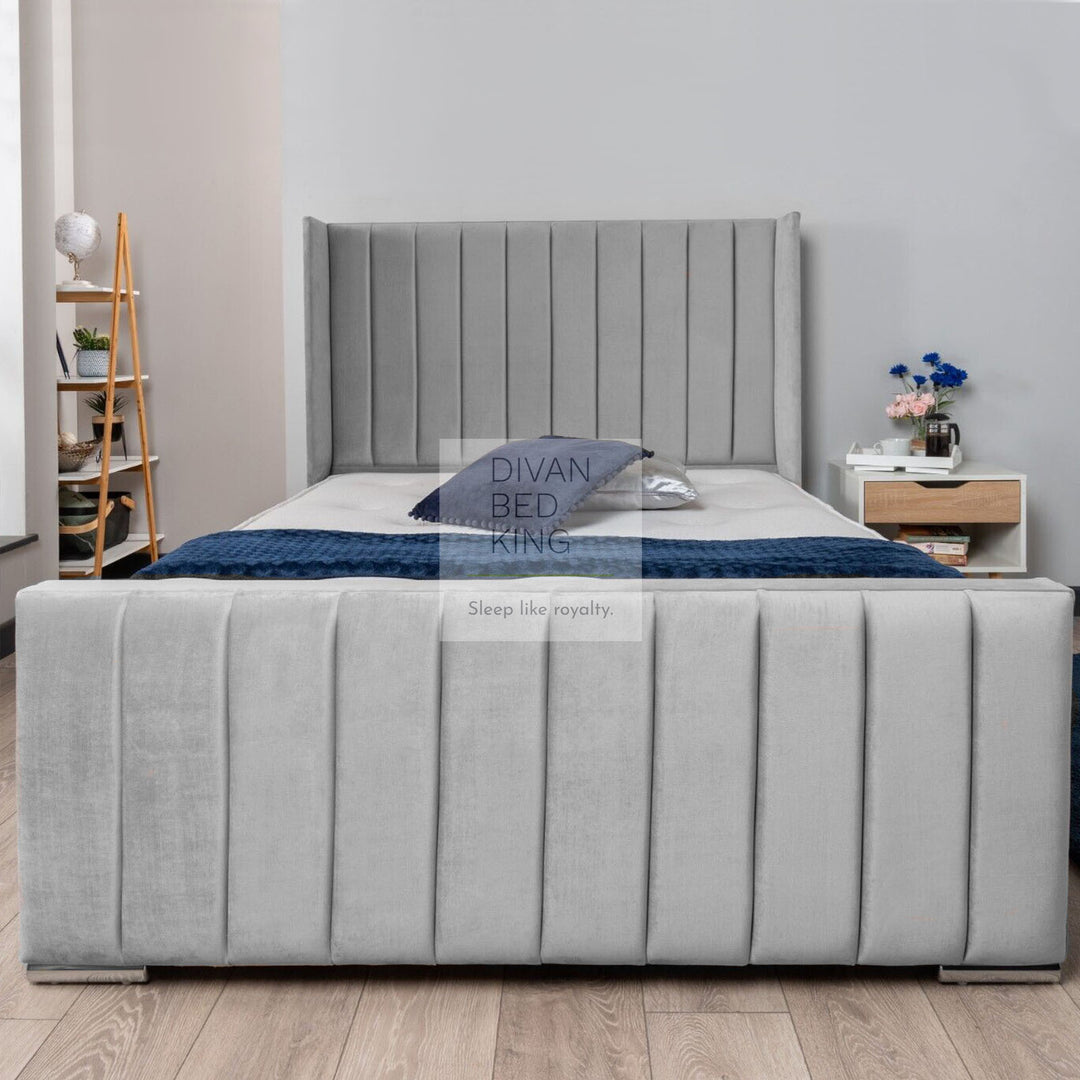 Peterina Grey Velvet Wingback Ottoman Storage Bed Frame