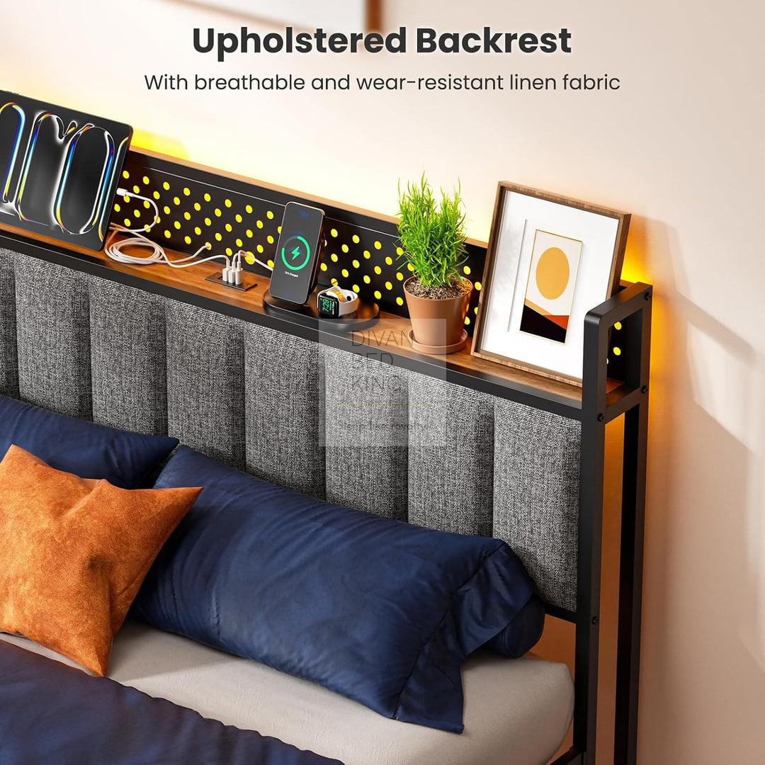 Kamryn Grey Linen Black Metal Smart Bed with Storage LED Lights Headboard Shelf, USB and Type C Charging