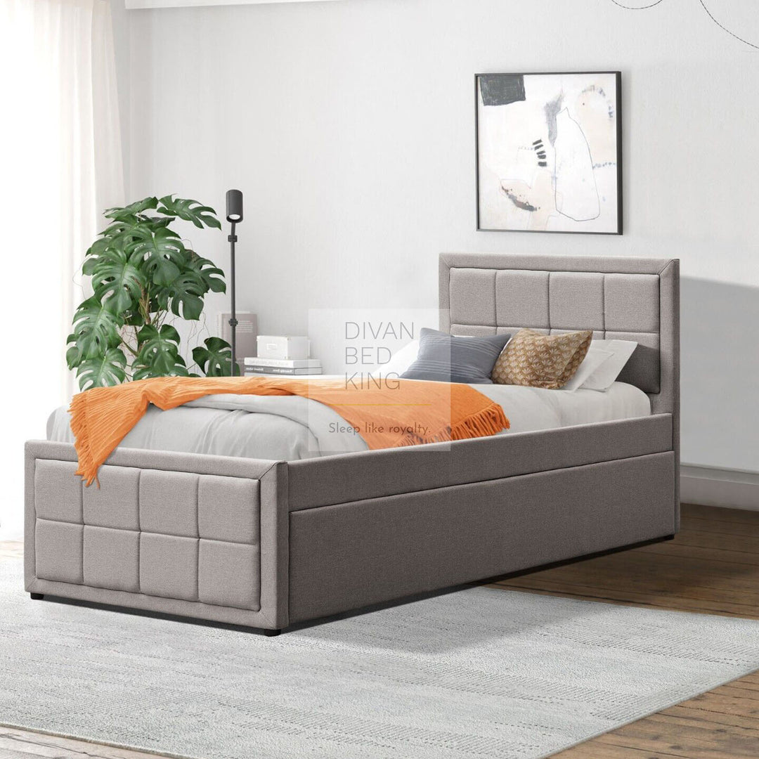 Filston Grey Linen Trundle Guest Bed with Cube Headboard Footboard