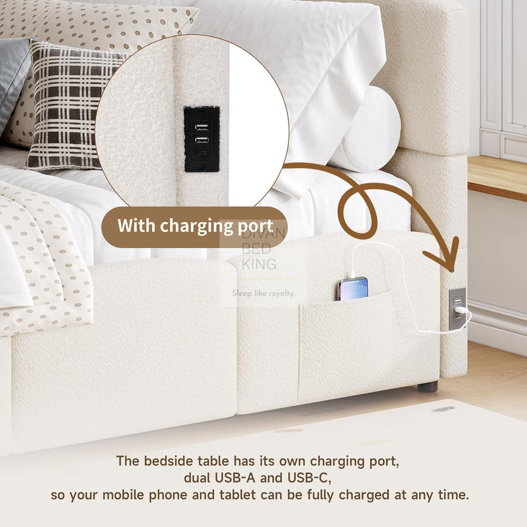 Amaia Beige Boucle Teddy Fabric Smart Ottoman Storage Daybed Sofa Bed Couch with Charging Station, USB & Type C Ports