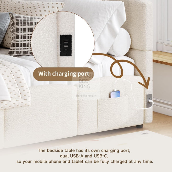 Amaia Beige Boucle Teddy Fabric Smart Ottoman Storage Daybed Sofa Bed Couch with Charging Station, USB & Type C Ports