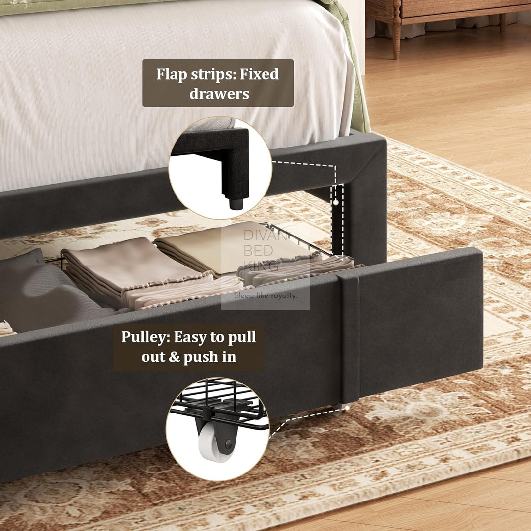 Catanzaro Wingback Black Linen Bed Frame with Large End Drawer Storage
