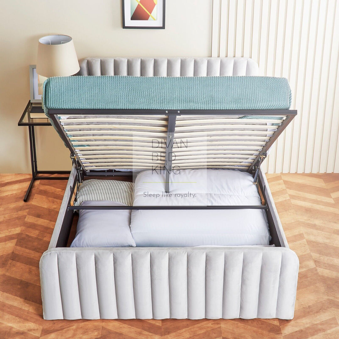 Stripe Plus Alexis Light Grey Velvet Ottoman Storage Bed Frame