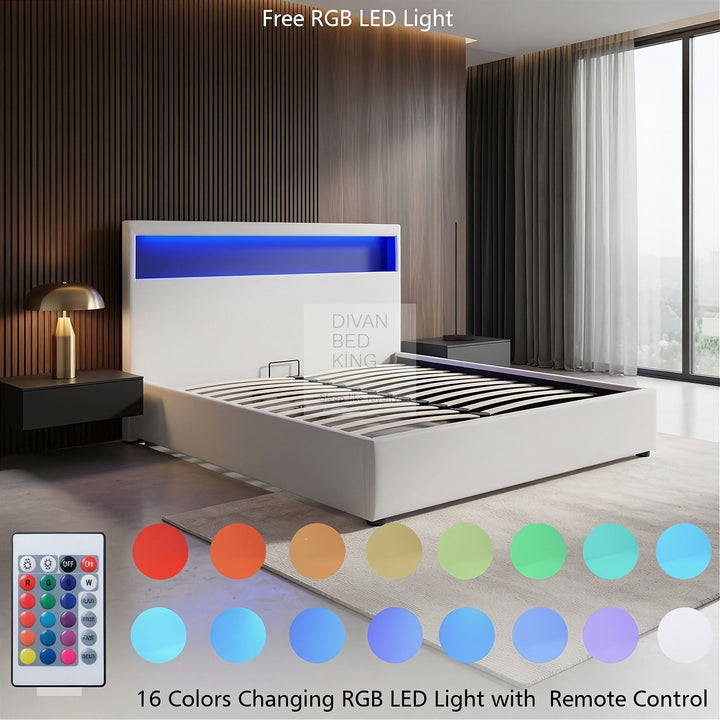 Pia White Leather LED Ottoman Gas Lift Storage Bed