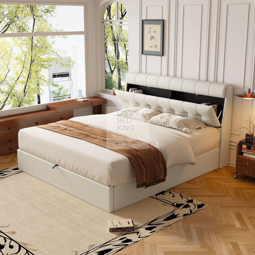 Carmine Cream Beige Leather Ottoman Storage Bed with Headboard Storage