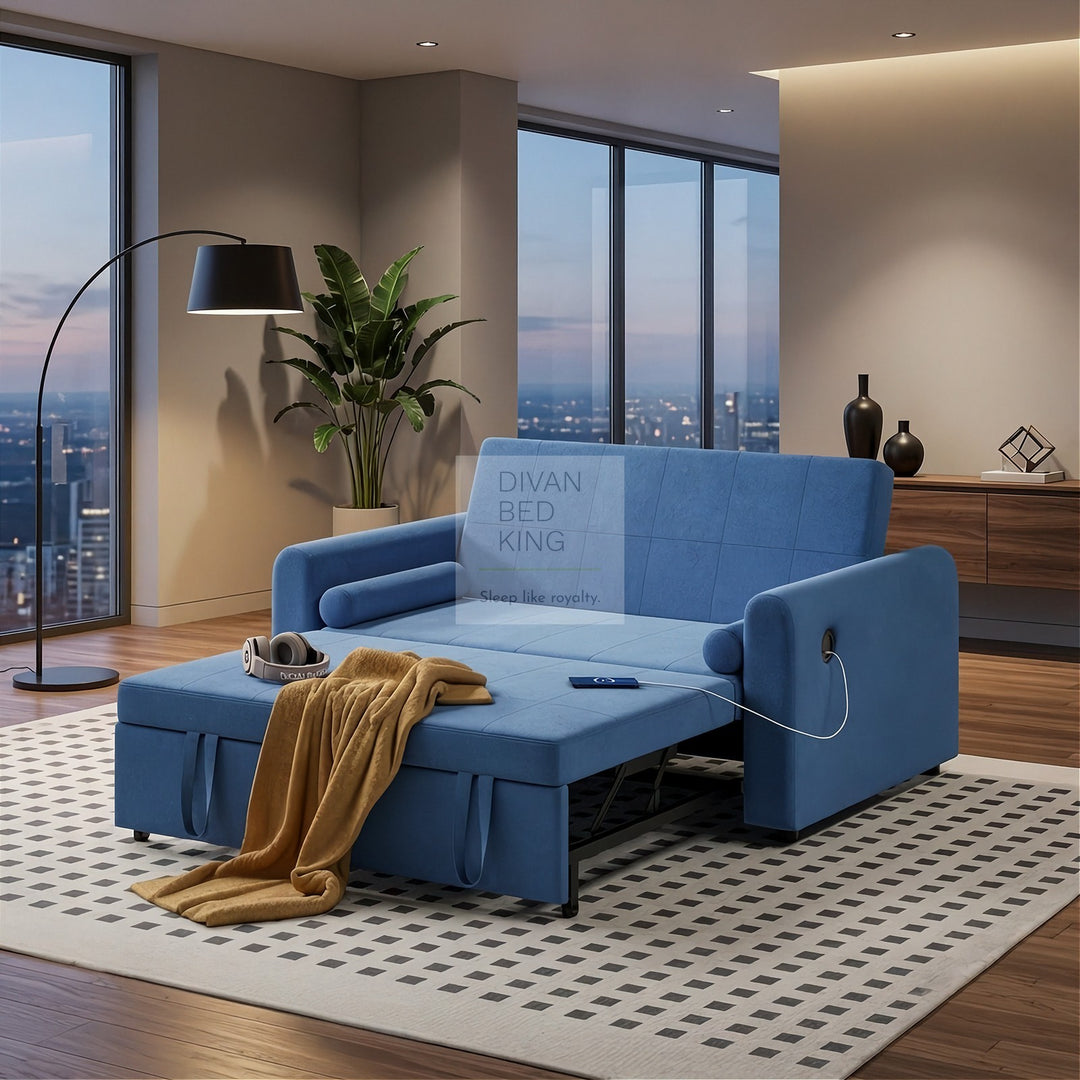 Kimora Blue Linen Smart Daybed Sofa Bed with USB & Type C Charging and Matching Pillows