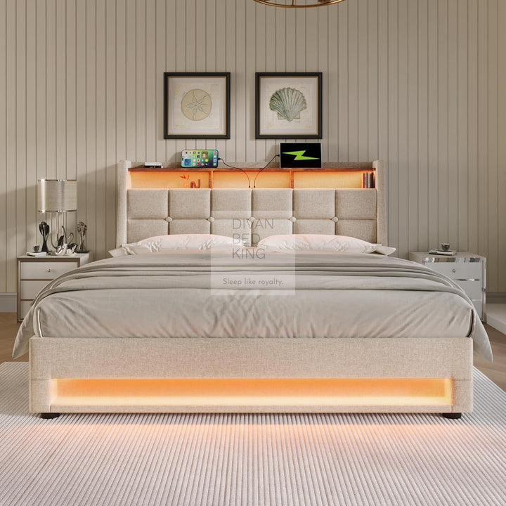 Solana Beige Linen Ottoman Storage Smart Bed with Type C, USB & Wireless Charging Headboard Shelves