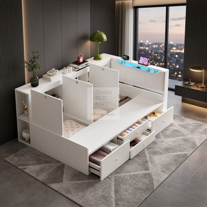 Hartman White Wooden Smart Day Bed with LED Lights, Type C and USB Charging Linen Headboard Storage Shelf