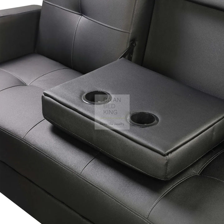 Salazar Black Leather 3 Seater Sofa Bed with Cup Holders, Armrest and Side Storage Pockets