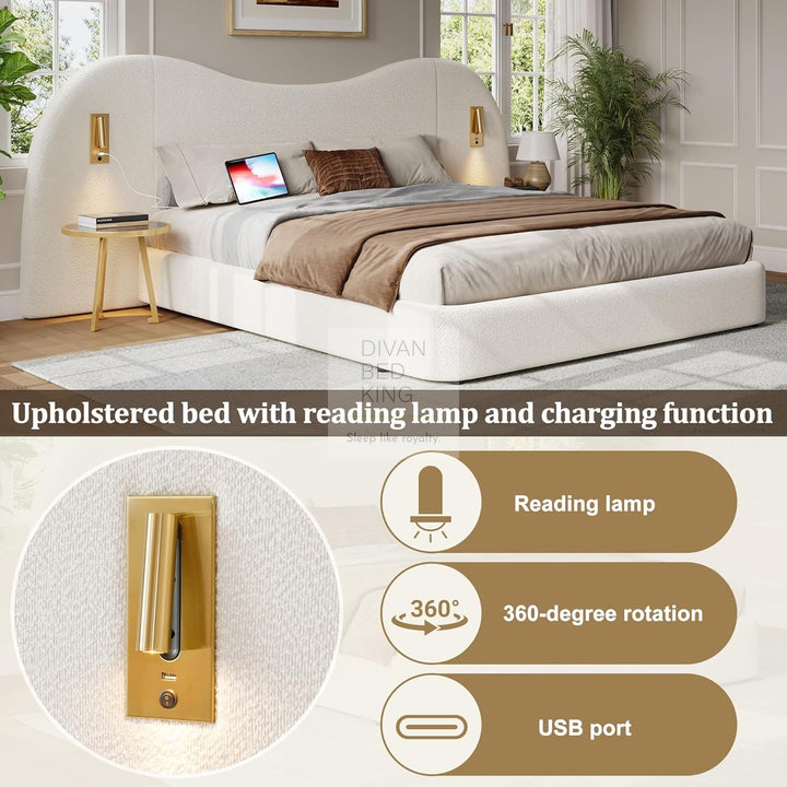 Peralta Oversized Headboard White Boucle Teddy Ottoman Storage Bed with USB Ports and Adjustable Lights