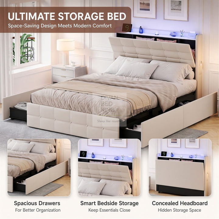 Vicente 4 Drawer Soft Beige Velvet Bed with LED Lights, Type C and USB Charging Adjustable Headboard Shelf