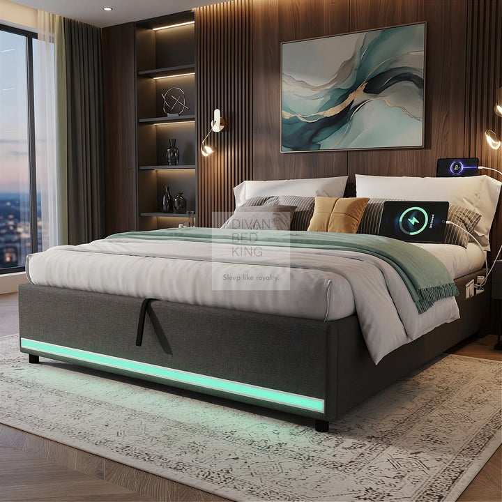 Castanea Smart LED Grey Linen Ottoman Gas Lift Storage Bed Base with USB Type C Charging Ports