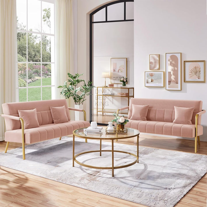 Parisa Pink Velvet Velour Sofa Love Seat with Gold Metal Legs