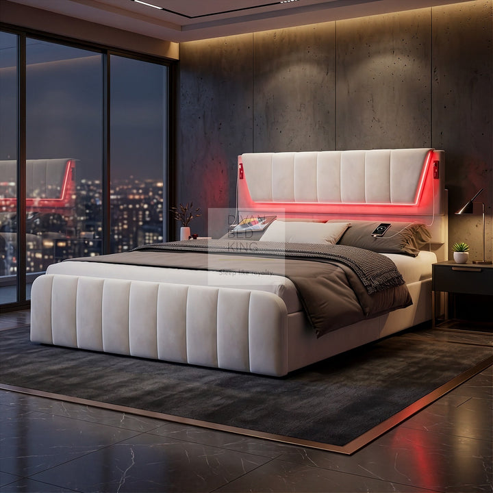 Kamari 4 Drawer Storage Beige Plush Velvet Smart Bed with with LED Lights, USB and Type-C Charging