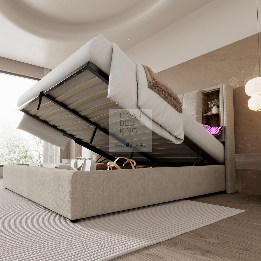 Guevara Beige Cream Linen Ottoman Storage Bed with Type C, USB & Wireless Charging Headboard Shelves