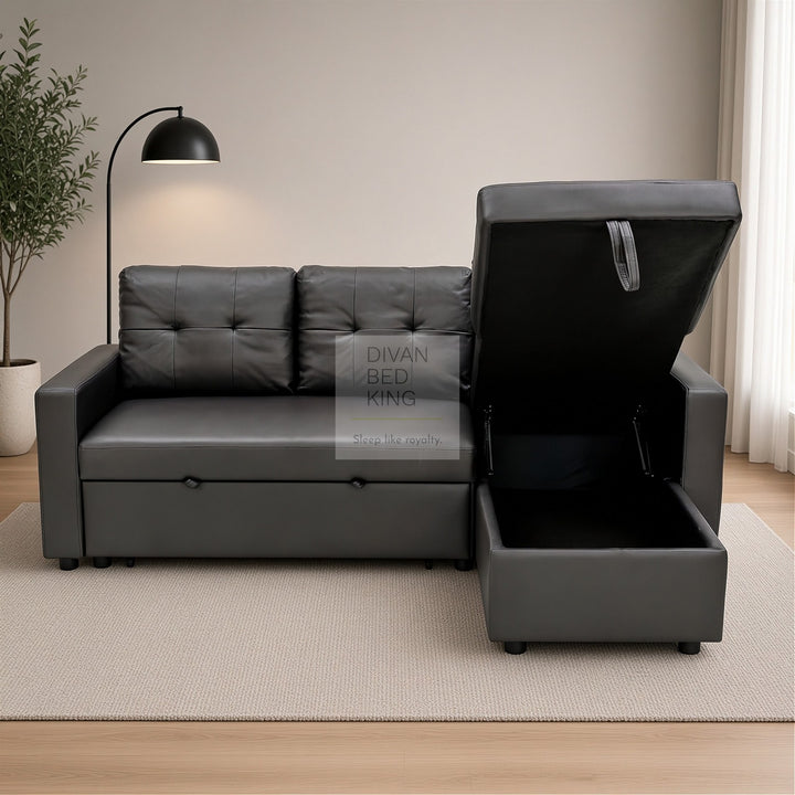 Sarai Black Leather 4 Seater Ottoman Storage Corner L Shape Sofa Bed with Pull-Out Trundle