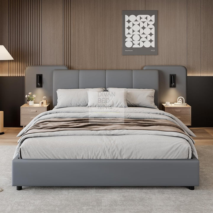 Monteleone Oversized Headboard Grey Leather Bed Frame with Integrated Lighting & USB Charging